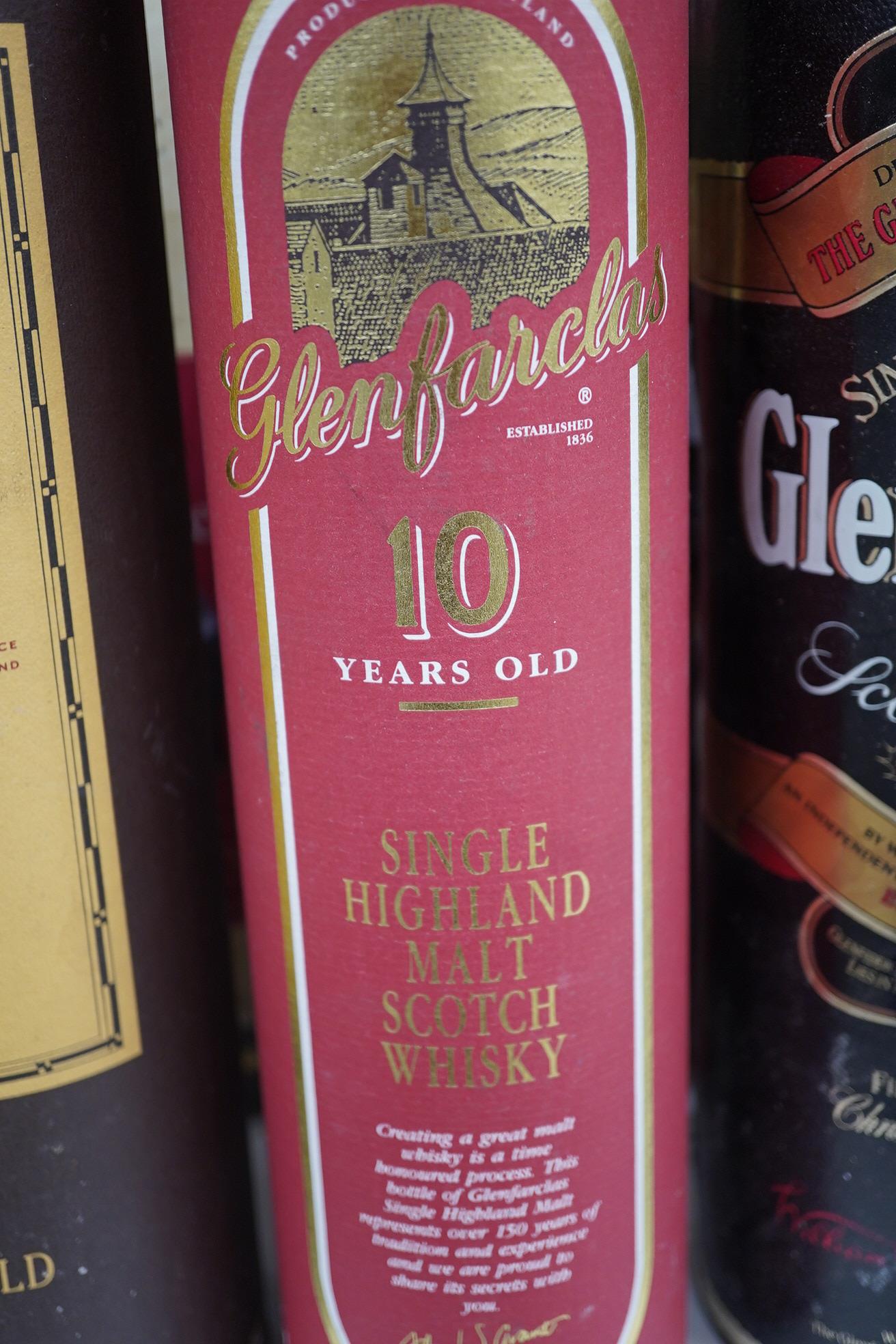 A group of ten bottles of Scotch Whisky; Glenfiddich Pure Malt Special Reserve 1 litre x2, Glenmorangie ten year 1litre, Glenlivet 12 year 70cl, Macdonalds Glencoe 8 year 70cl, The Famouse Grouse 10 year 70cl, John Hopki